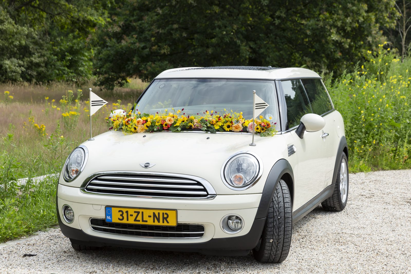 De voorkant van de Minirouwauto met een guirlande van bloemen op de motorkap